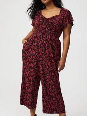 Torrid Black Floral Jumpsuit Pink Blooms flutter sleeve 4x NEW pockets